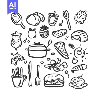 Aset premium populer: Hand-Drawn Black and White Illustration of Various Food Items