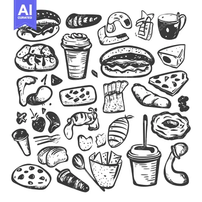 Aset desain premium: Hand-Drawn Black and White Illustration of Various Food Items