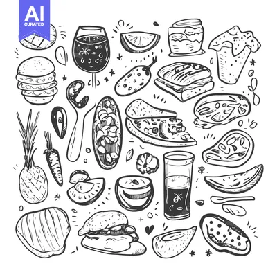 Popular premium asset: Hand-Drawn Black and White Illustration of Various Food Items