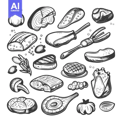 Aset premium populer: Hand-Drawn Black and White Illustration of Various Food Items