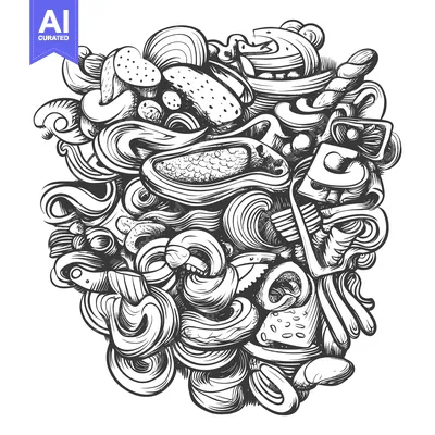 Aset premium populer: Hand-Drawn Black and White Illustration of Various Food Items