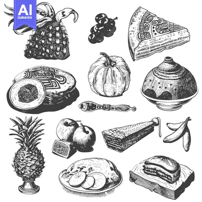 Aset desain premium: Hand-Drawn Black and White Illustration of Various Foods