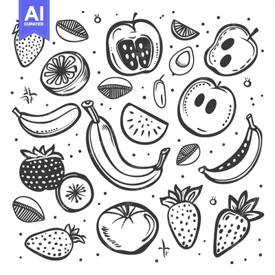 Hand-Drawn Black and White Illustration of Various Fruits