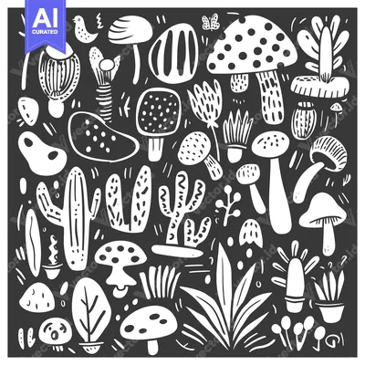 Popular premium asset: Hand-Drawn Black and White Illustration of Various Fungi and Plants