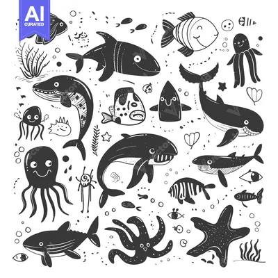 Aset premium populer: Hand-drawn Black and White Illustration of Various Sea Creatures