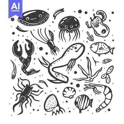 Popular premium asset: Hand-Drawn Black and White Illustration of Various Sea Creatures