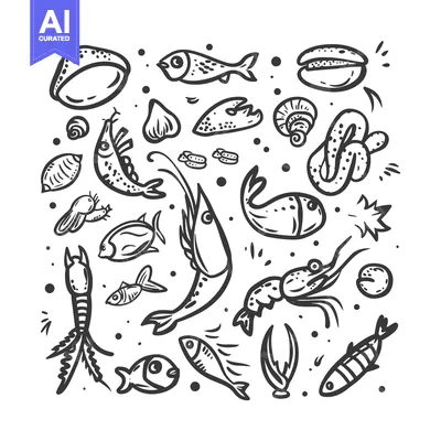 Aset premium populer: Hand-drawn Black and White Illustration of Various Sea Creatures and O