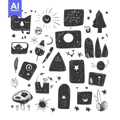 Aset premium populer: Hand-Drawn Black and White Illustration of Various Shapes and Objects