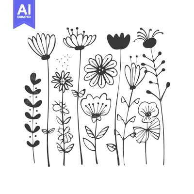 Aset desain premium: Hand-drawn black and white illustration of various stylized flowers