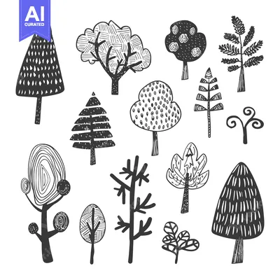 Premium design asset: Hand-Drawn Black and White Illustration of Various Trees and Foliage