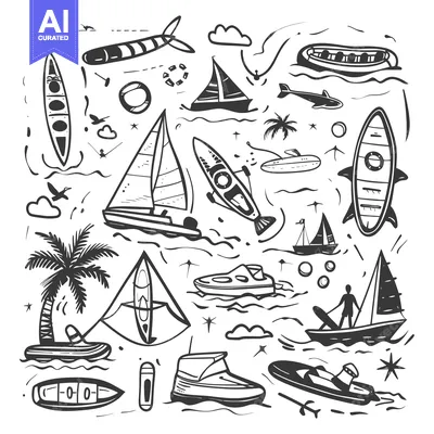 Hand-drawn Black and White Illustration of Various Water Sports and Ac