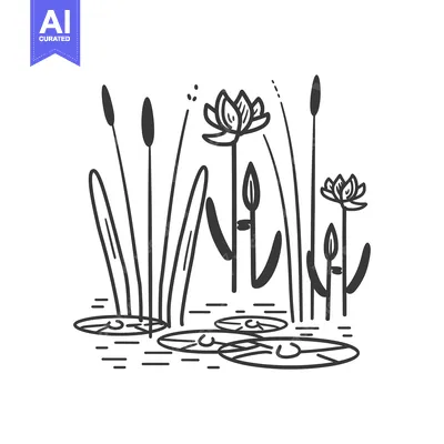 Aset premium populer: Hand-Drawn Black and White Illustration of Water Lilies and Reeds in a