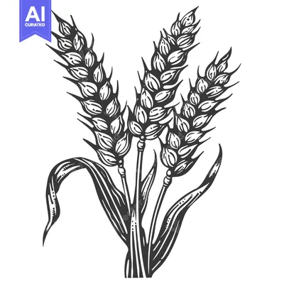 Aset desain premium: Hand-drawn black and white illustration of wheat stalks