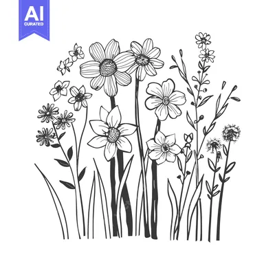 Aset premium populer: Hand-Drawn Black and White Illustration of Wildflowers