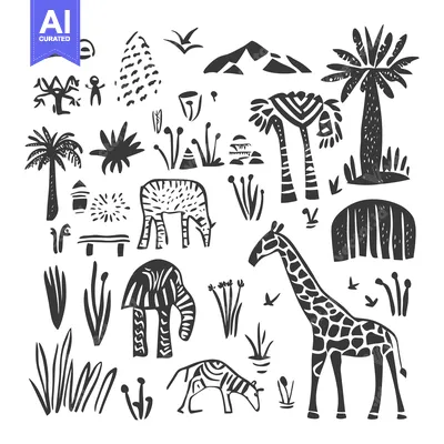 Premium design asset: Hand-drawn black and white illustrations of African wildlife and lands