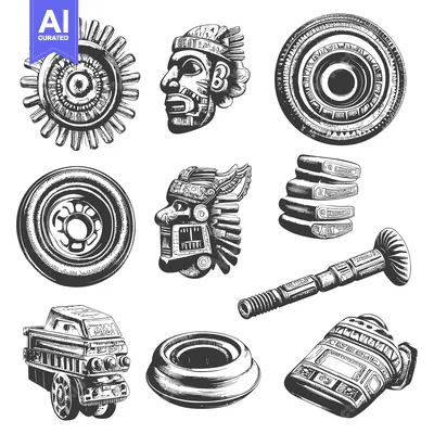 Aset desain premium: Hand Drawn Black and White Illustrations of Ancient Mayan Artifacts