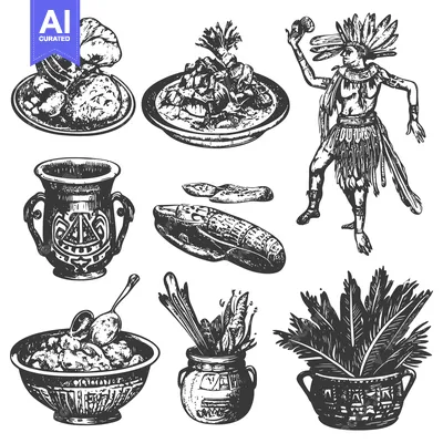 Aset premium populer: Hand-Drawn Black and White Illustrations of Ancient Mayan Culture
