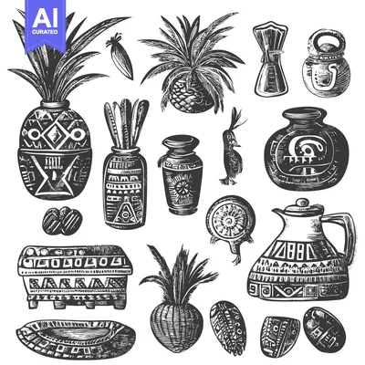 Premium design asset: Hand-Drawn Black and White Illustrations of Ancient Pottery, Plants, a