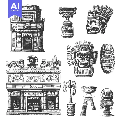Aset desain premium: Hand-Drawn Black and White Illustrations of Aztec Artifacts