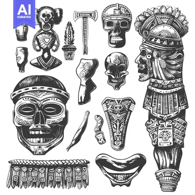 Aset desain premium: Hand-Drawn Black and White Illustrations of Aztec Sculptures and Desig