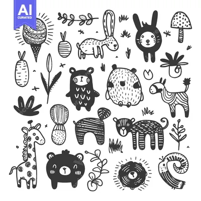 Aset premium populer: Hand-drawn Black and White Illustrations of Cute Animals and Plants