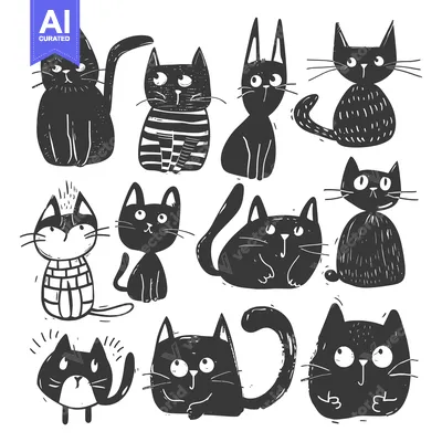 Aset premium populer: Hand-drawn black and white illustrations of cute cats in various poses