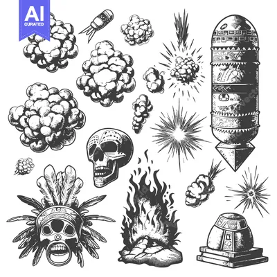 Aset desain premium: Hand-drawn black and white illustrations of explosive elements, a skul