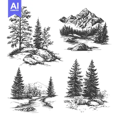Aset desain premium: Hand-Drawn Black and White Illustrations of Forest Landscapes with Mou
