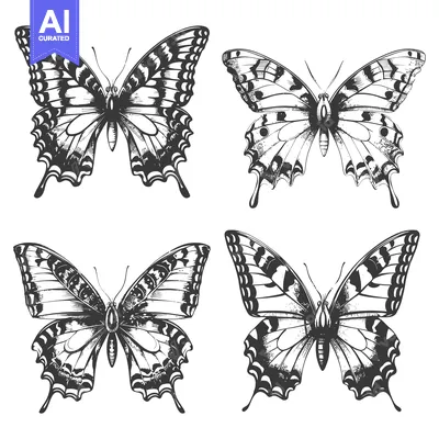 Popular premium asset: Hand-Drawn Black and White Illustrations of Four Butterflies