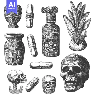 Aset desain premium: Hand-Drawn Black and White Illustrations of Mayan Cultural Artifacts a