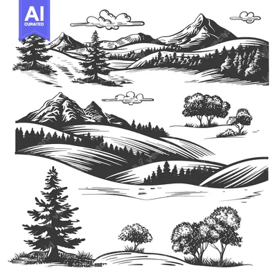 Hand-Drawn Black and White Illustrations of Mountainous Landscapes wit