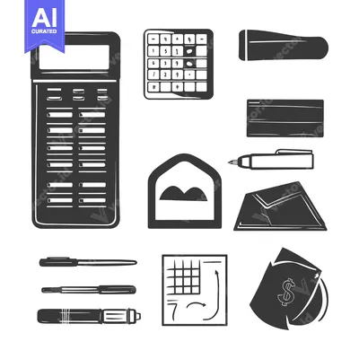 Aset desain premium: Hand-Drawn Black and White Illustrations of Office Supplies and Money