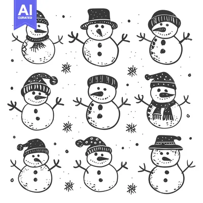 Aset desain premium: Hand-drawn black and white illustrations of snowmen with various hats