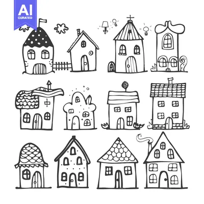 Aset desain premium: Hand-Drawn Black and White Illustrations of Ten Different Houses