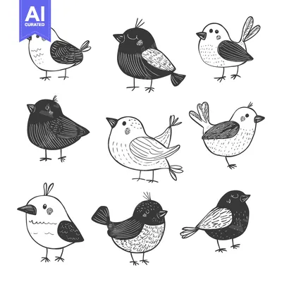 Aset premium populer: Hand-Drawn Black and White Illustrations of Various Bird Species