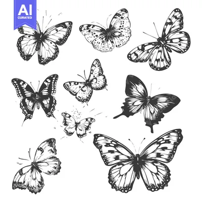 Aset premium populer: Hand-drawn black and white illustrations of various butterflies in fli