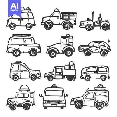 Aset desain premium: Hand-drawn black and white illustrations of various cars and trucks