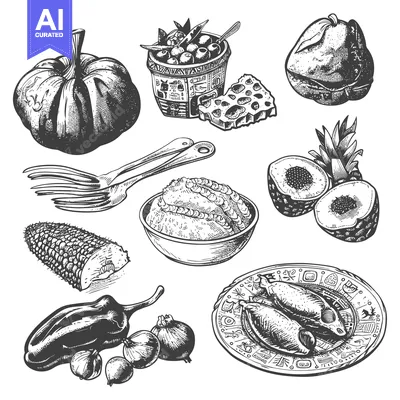 Aset premium populer: Hand-Drawn Black and White Illustrations of Various Food Items