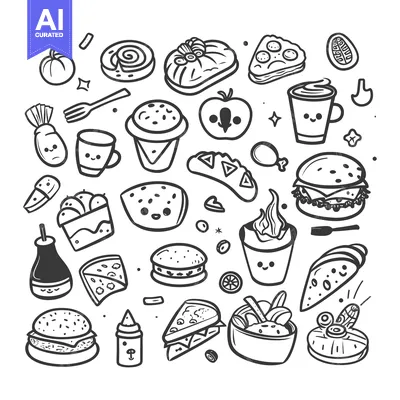 Aset premium populer: Hand-Drawn Black and White Illustrations of Various Foods