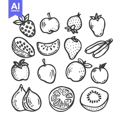 Hand-drawn black and white illustrations of various fruits