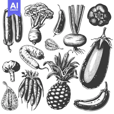 Aset desain premium: Hand-Drawn Black and White Illustrations of Various Fruits and Vegetab