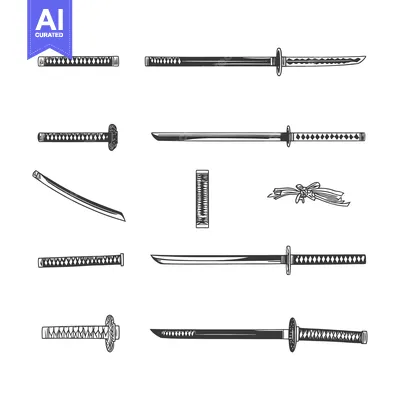 Aset premium populer: Hand-Drawn Black and White Illustrations of Various Katana Swords