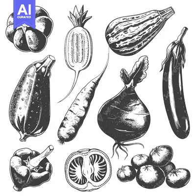Aset desain premium: Hand-Drawn Black and White Illustrations of Various Vegetables