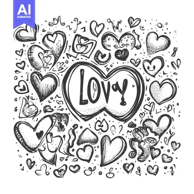Aset desain premium: Hand-drawn black and white illustration with hearts and the word "Love