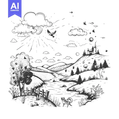 Aset premium populer: Hand-drawn Black and White Landscape with a Castle, River, and a Dog