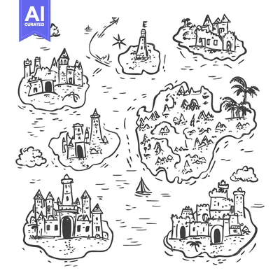 Aset premium populer: Hand-drawn black and white map featuring multiple islands with castles