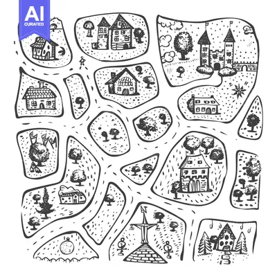Aset premium populer: Hand-Drawn Black and White Map of a Fantasy Village
