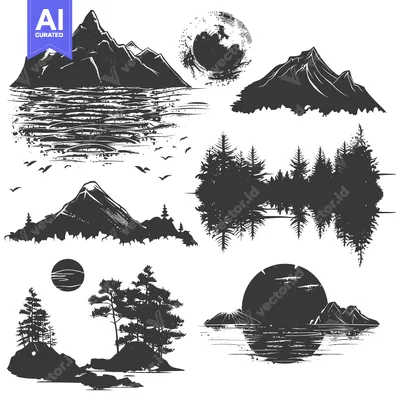 Aset desain premium: Hand-Drawn Black and White Mountain and Forest Silhouettes