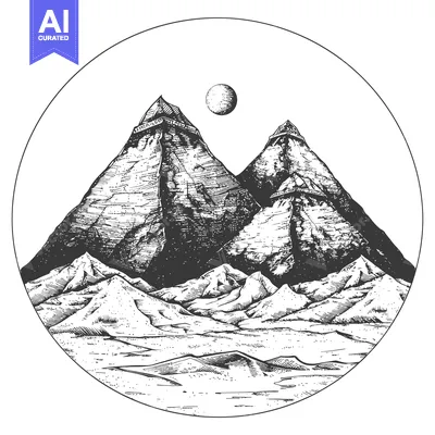 Aset premium populer: Hand-Drawn Black and White Mountain Range Illustration with Moon
