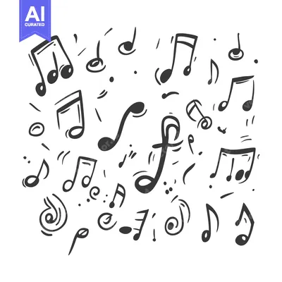 Aset desain premium: Hand-Drawn Black and White Musical Notes Scattered on White Background